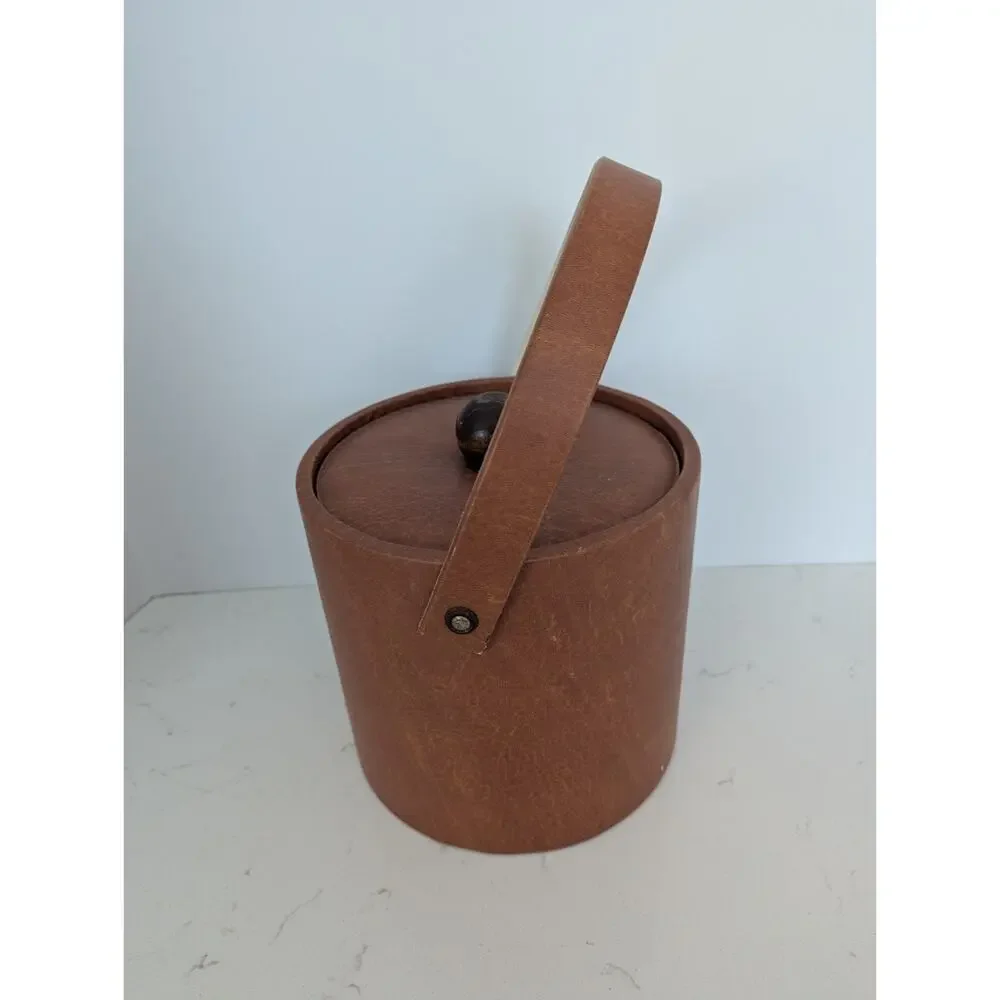 Vtg MCM Brown Faux Leather Ice Bucket Barware Wood Knob Retro 60s 70s